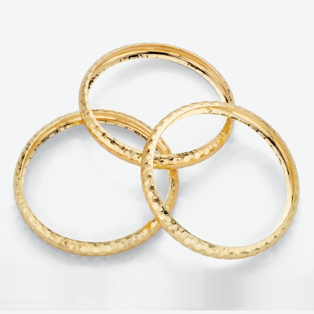 3 Piece Hammered Style Bangle Bracelets Set in Yellow Gold Tone 8 1/2" Image 2