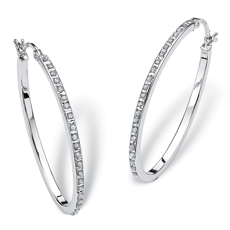 Diamond Accent Platinum over Sterling Silver Oval-Shaped Diamond Fascination Hoop Earrings Image 1