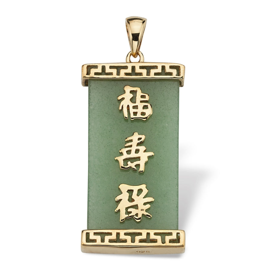 Green Jade "Good LuckProsperity and Long Life" Pendant in Golden Finish over Sterling Silver Image 1