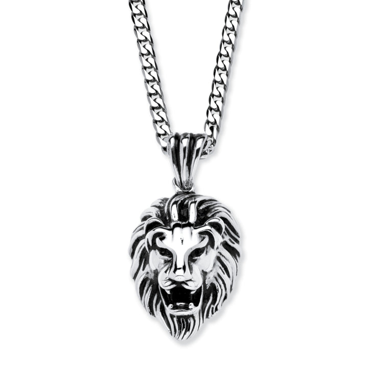 Lions Head Pendant and 24" Chain in Antiqued Stainless Steel Image 1