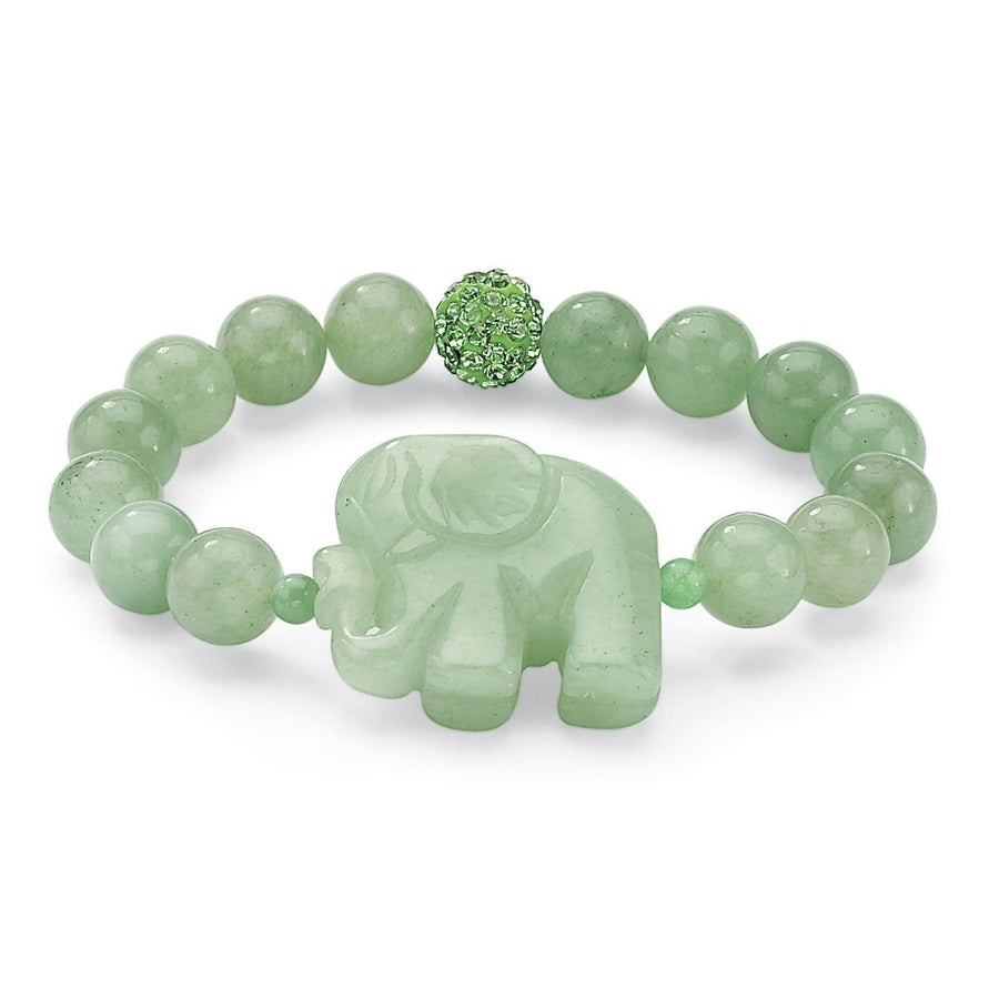 Green Agate Elephant and Crystal Beaded Stretch Bracelet 8" Image 1