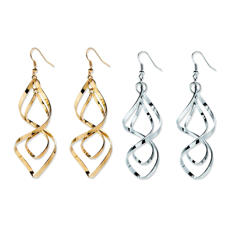 2 Pair Free-Form Twist Earrings Set in Silvertone and Yellow Gold Tone Image 1