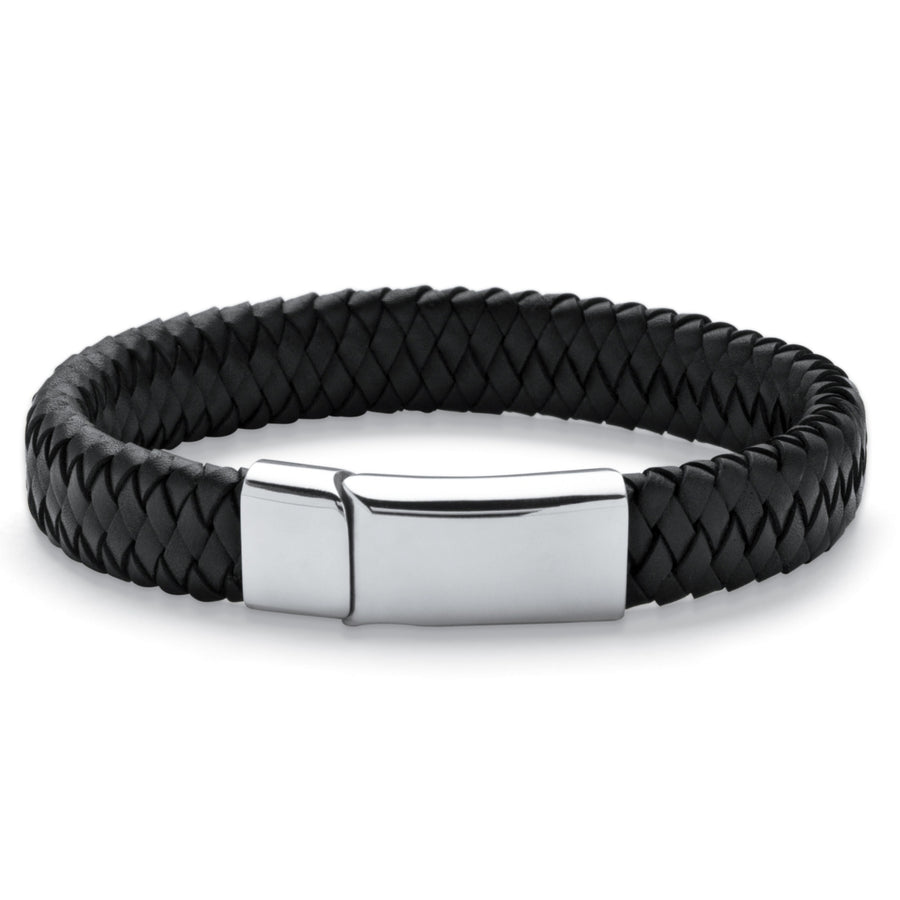 Mens Braided Leather Bracelet in Stainless Steel Image 1