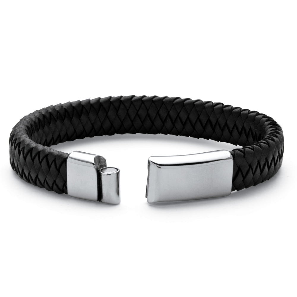 Mens Braided Leather Bracelet in Stainless Steel Image 2