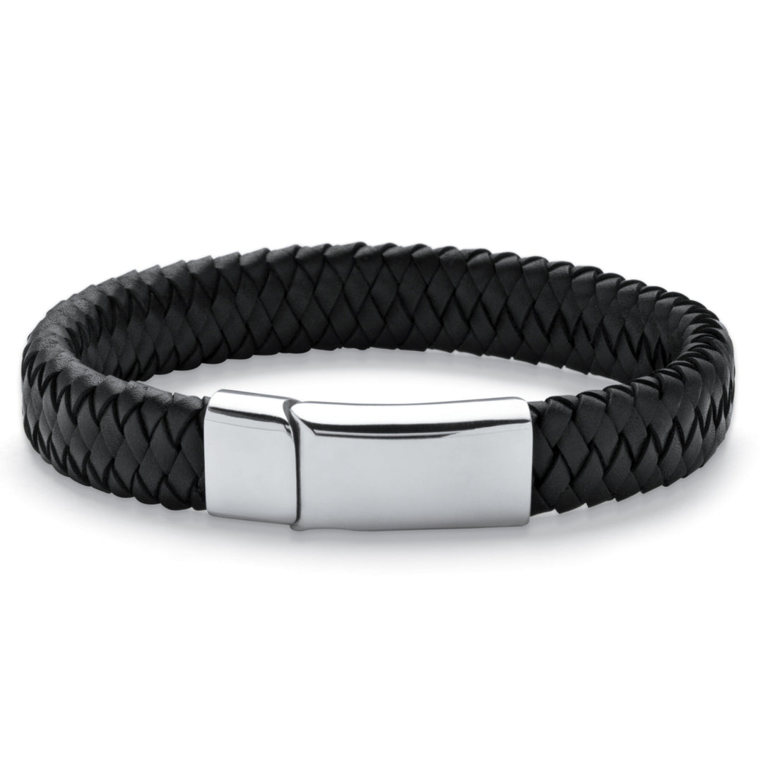 Mens Braided Leather and Stainless Steel Bracelet with Magnetic Closure Image 1