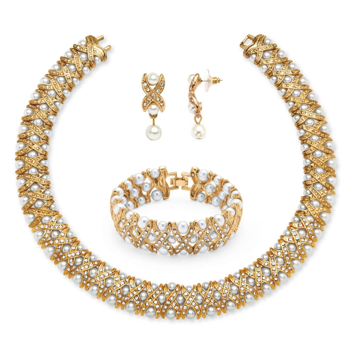 3 Piece Pearl and Crystal Jewelry Set in Yellow Gold Tone Image 1