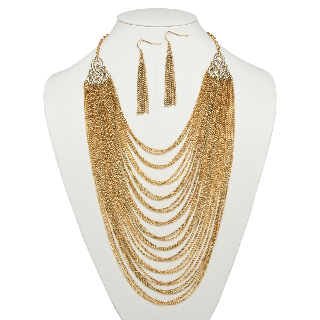 2 Piece Multi-Chain Jewelry Necklace and Earrings Set in Yellow Gold Tone Image 4