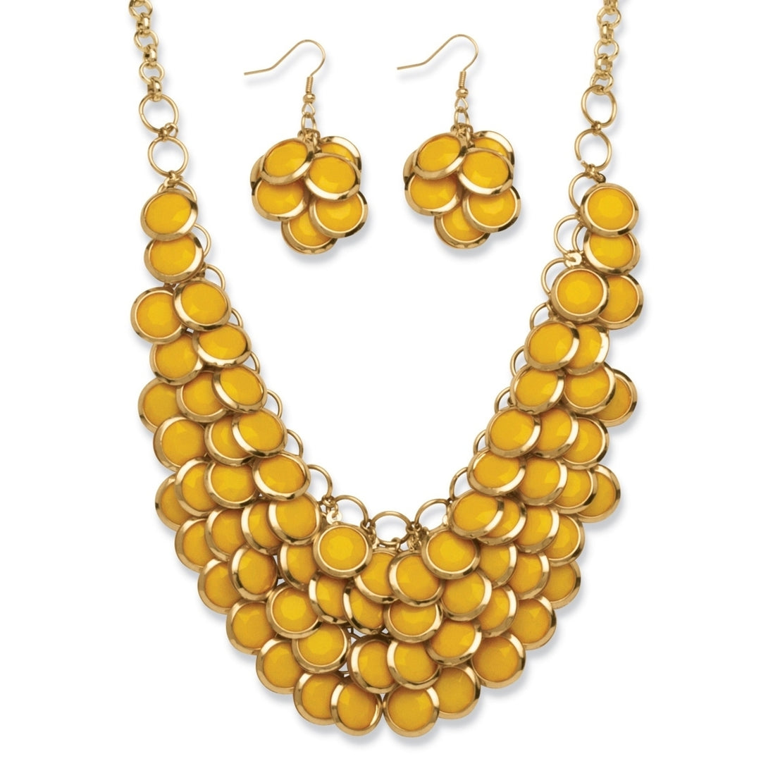 2 Piece Yellow Bib Necklace and Cluster Earrings Set in Yellow Gold Tone Image 1