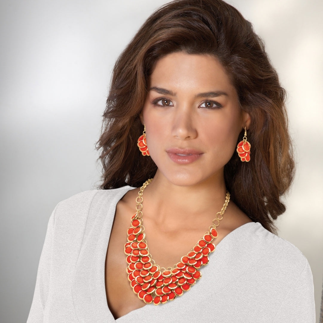 2 Piece Orange Bib Necklace and Cluster Earrings Set in Yellow Gold Tone Image 3