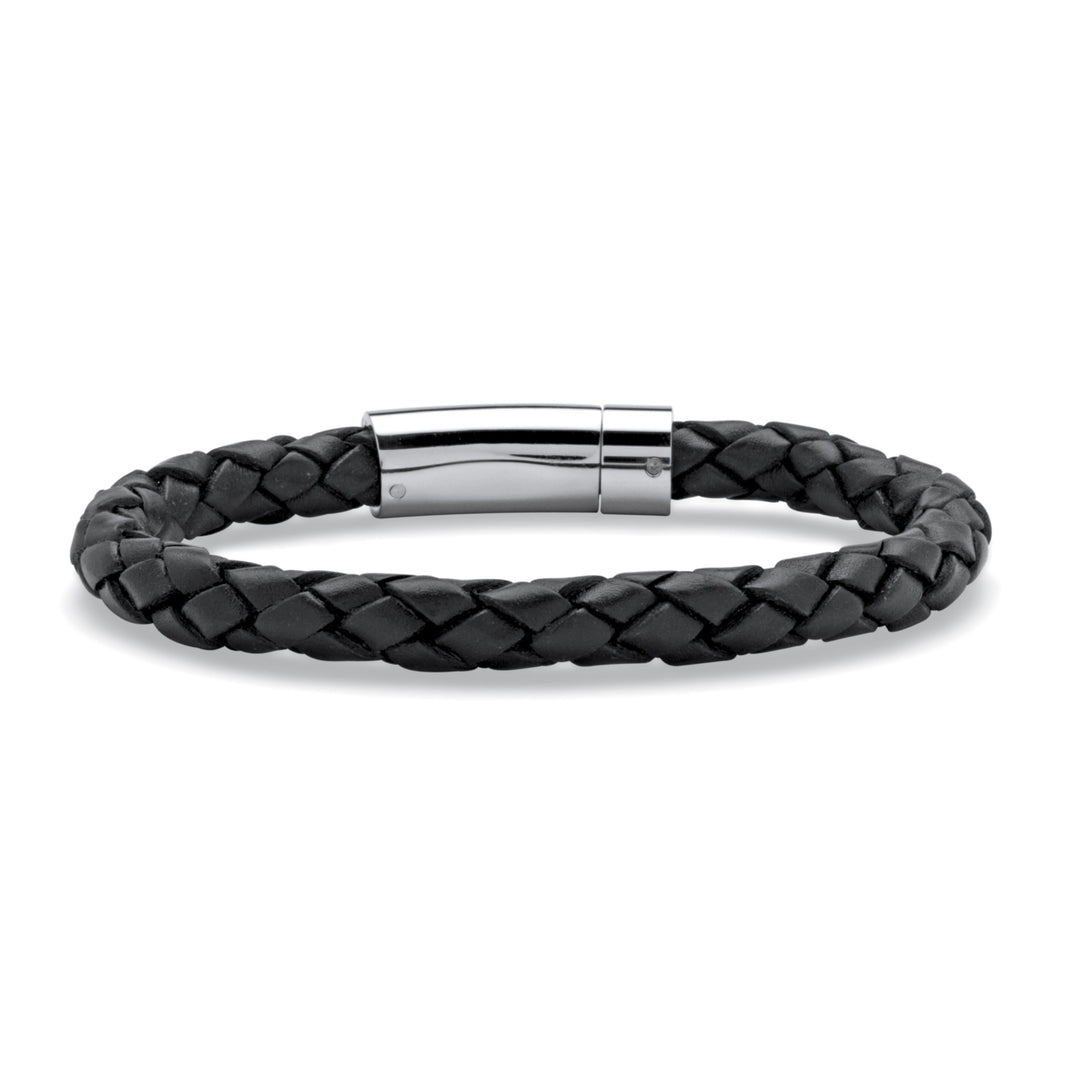 Mens Black Leather Bracelet with Stainless Steel Slip Lock Closure 10" Image 1