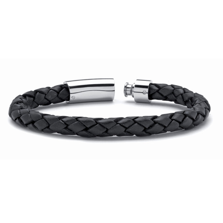 Mens Black Leather Bracelet with Stainless Steel Slip Lock Closure 10" Image 2