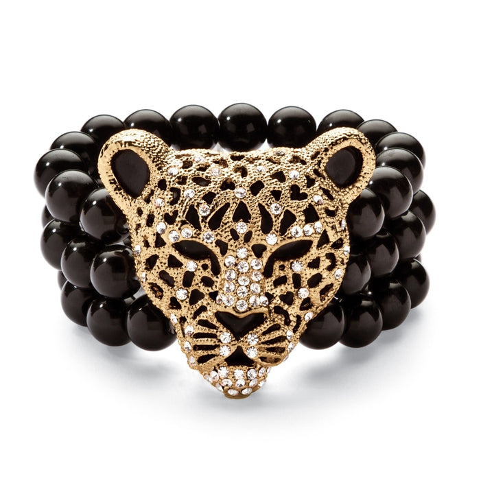 Onyx and Crystal Leopard Stretch Bracelet in Yellow Gold Tone Image 1