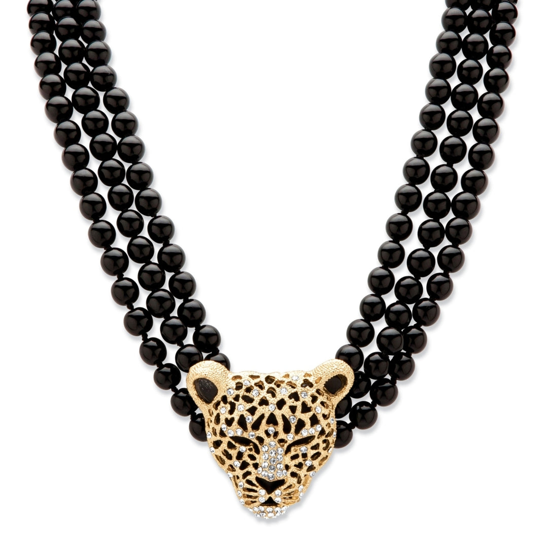 Genuine Onyx and Crystal Leopard Beaded Necklace in Yellow Gold Tone Image 1