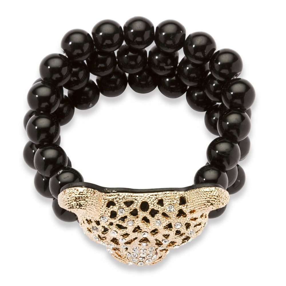Onyx and Crystal Leopard Stretch Bracelet in Yellow Gold Tone Image 2
