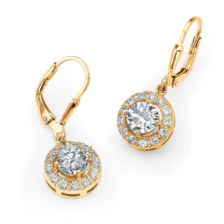 2.34 TCW Round Cubic Zirconia Halo Drop Earrings in 18k Gold over Sterling Silver Image 1