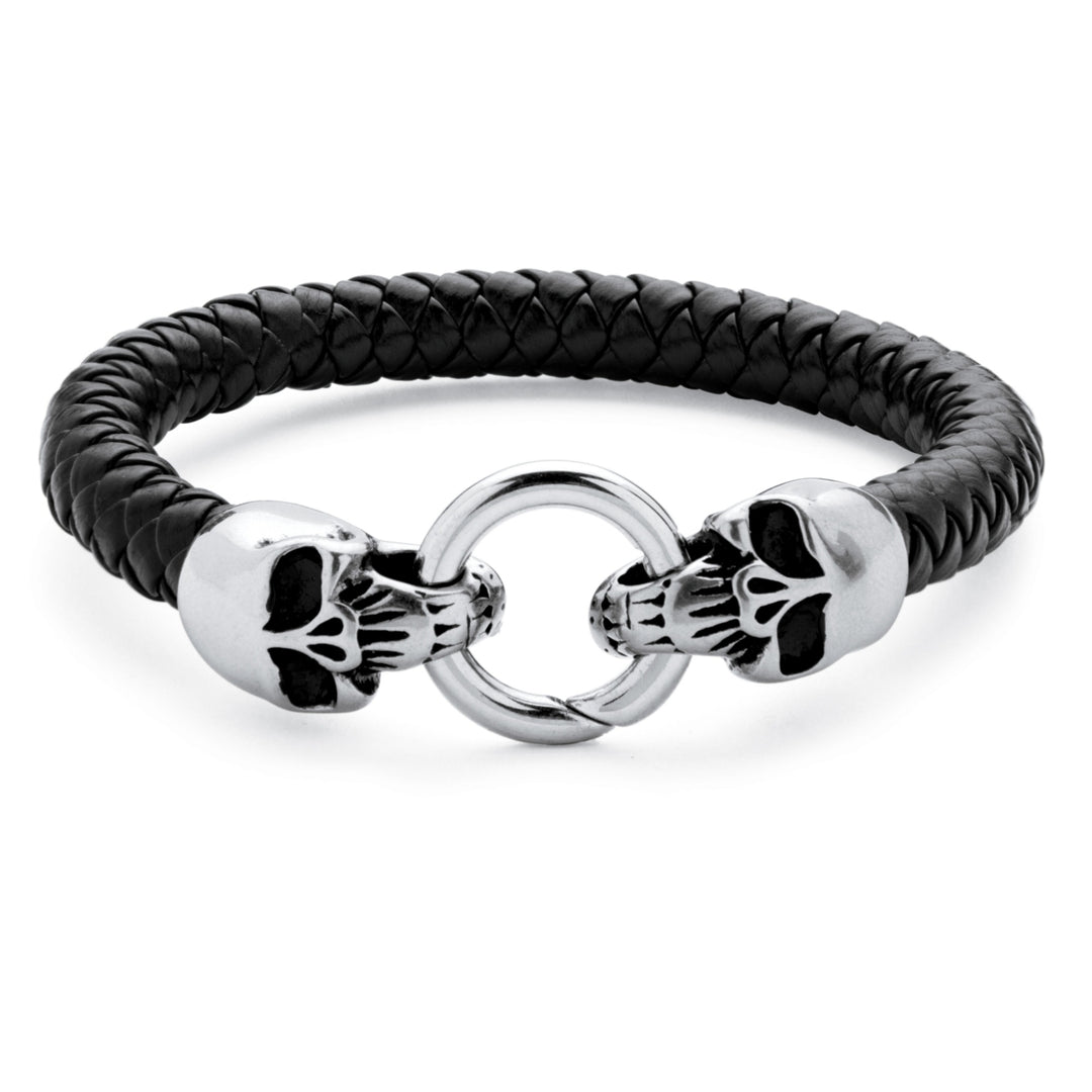 Mens Leather Skull Bracelet in Stainless Steel and Black Leather Image 1