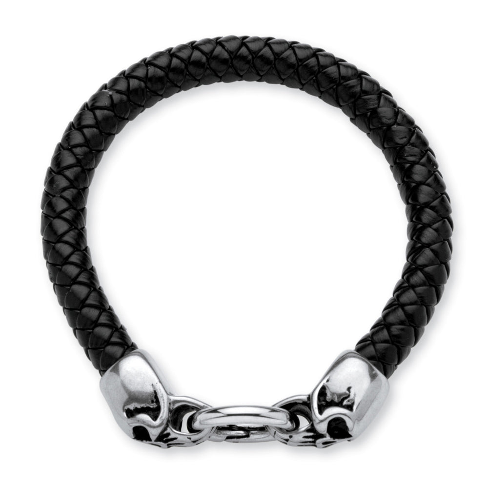 Mens Leather Skull Bracelet in Stainless Steel and Black Leather Image 2