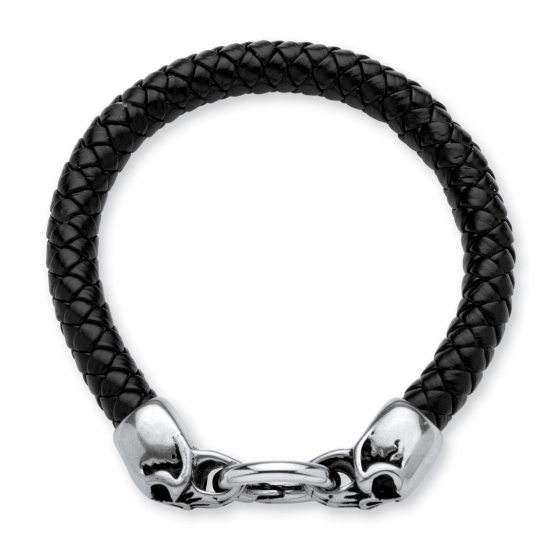 Mens Leather Skull Bracelet in Stainless Steel and Black Leather Image 2