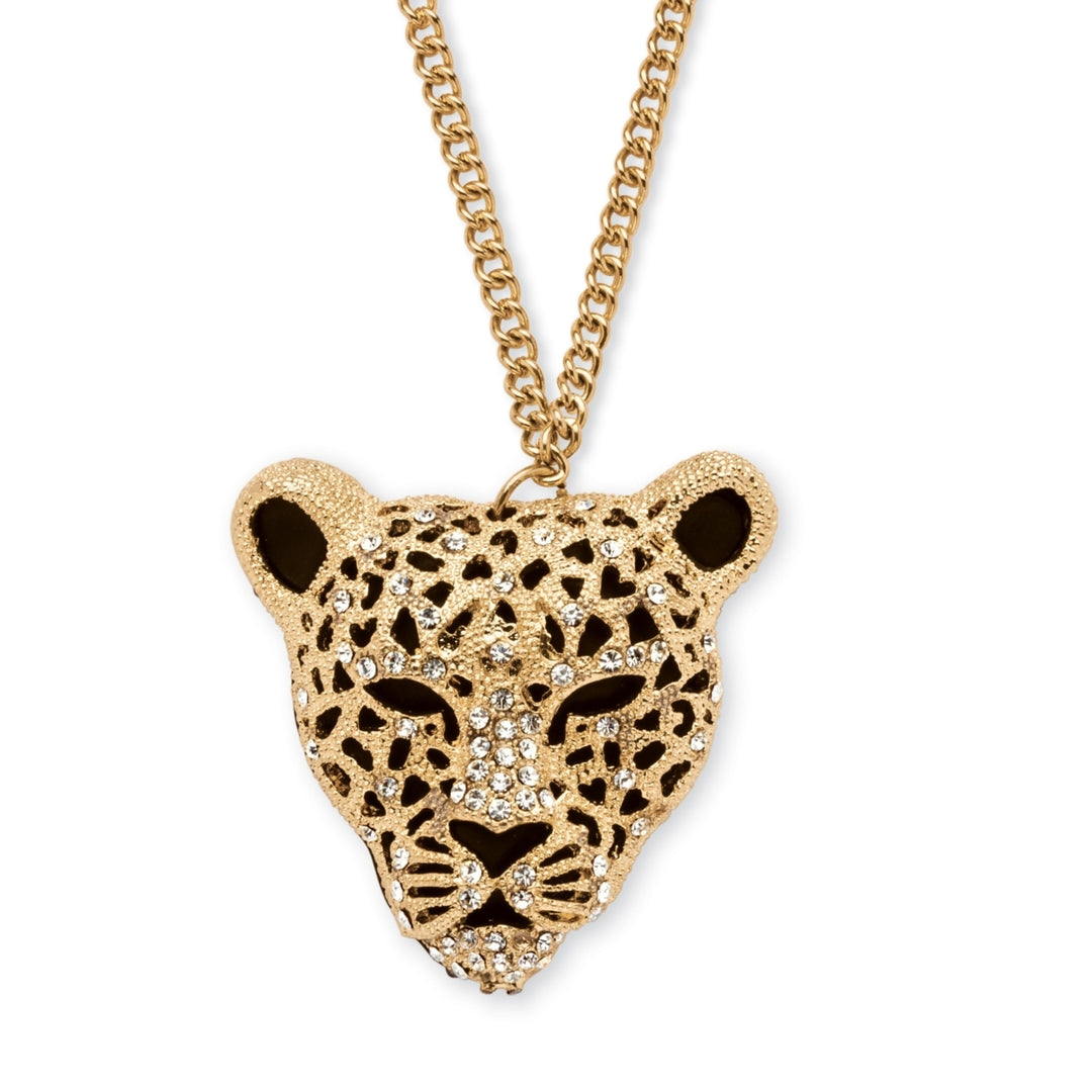 Onyx and Crystal Leopard Pendant Necklace in Yellow Gold Tone Image 1