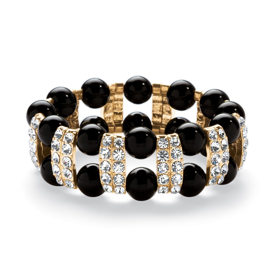 Black Beaded Bracelet with Crystal Accents in Yellow Gold Tone Image 1