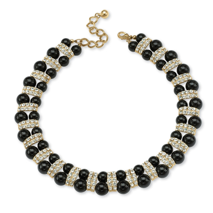 Black Beaded Necklace with Crystal Accents in Yellow Gold Tone Image 1
