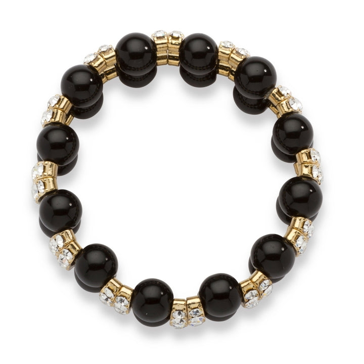 Black Beaded Bracelet with Crystal Accents in Yellow Gold Tone Image 2