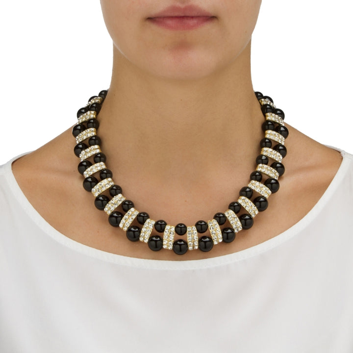 Black Beaded Necklace with Crystal Accents in Yellow Gold Tone Image 4