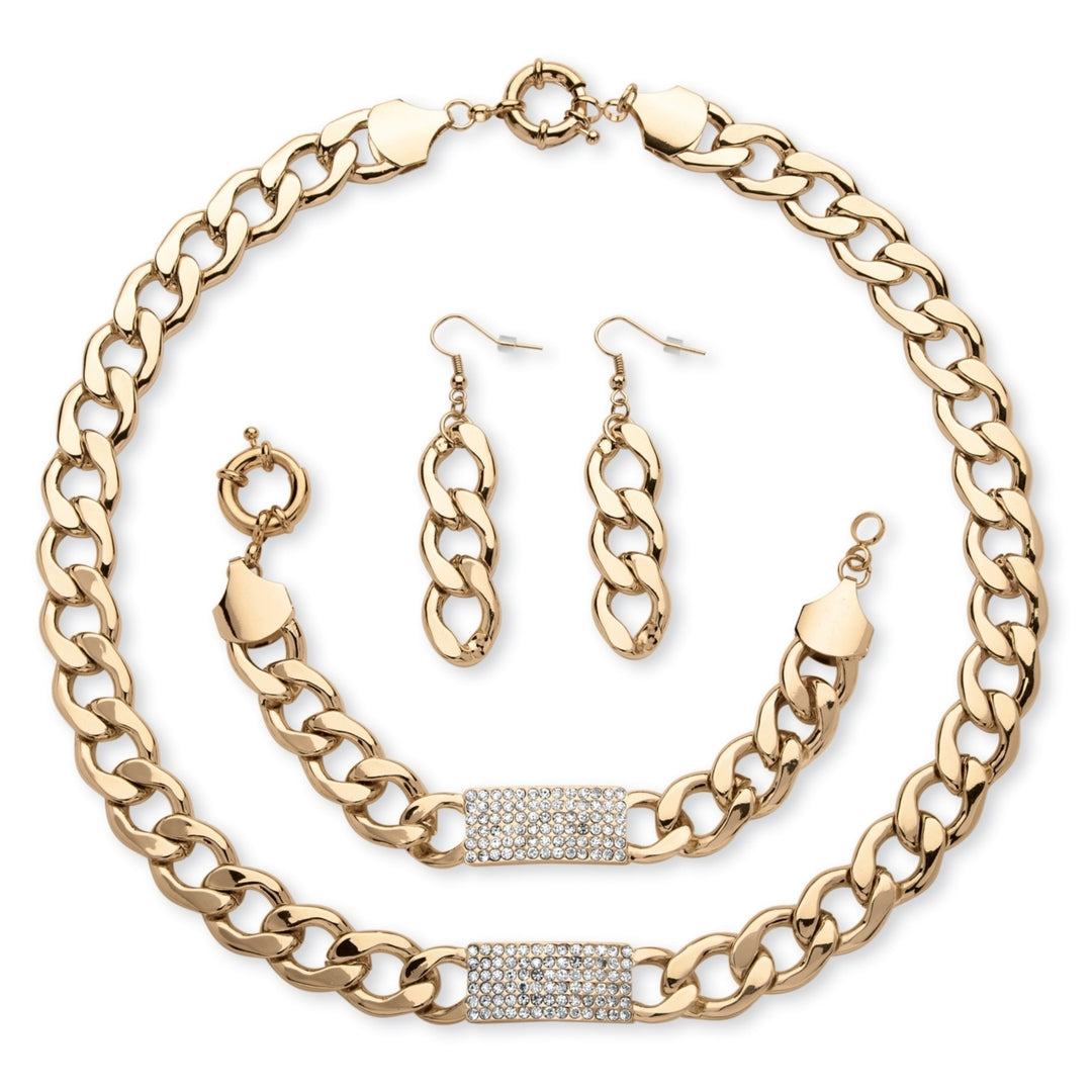 3 Piece Curb-Link Crystal I.D. NecklaceBracelet And Drop Earrings Set in Yellow Gold Tone Image 1