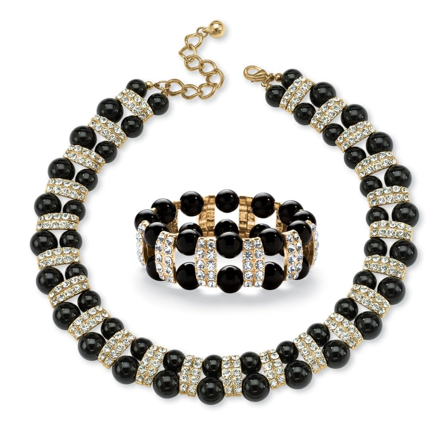 2 Piece Black Beaded Necklace and Bracelet Set in Yellow Gold Tone Image 1