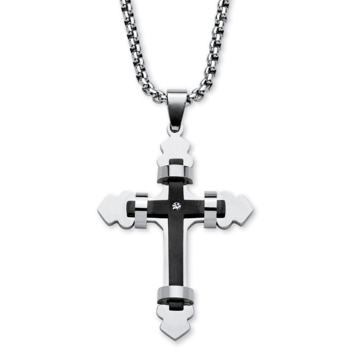 Crystal Accent Wrapped Double Cross Necklace Black Ion-Plated Stainless Steel Image 1