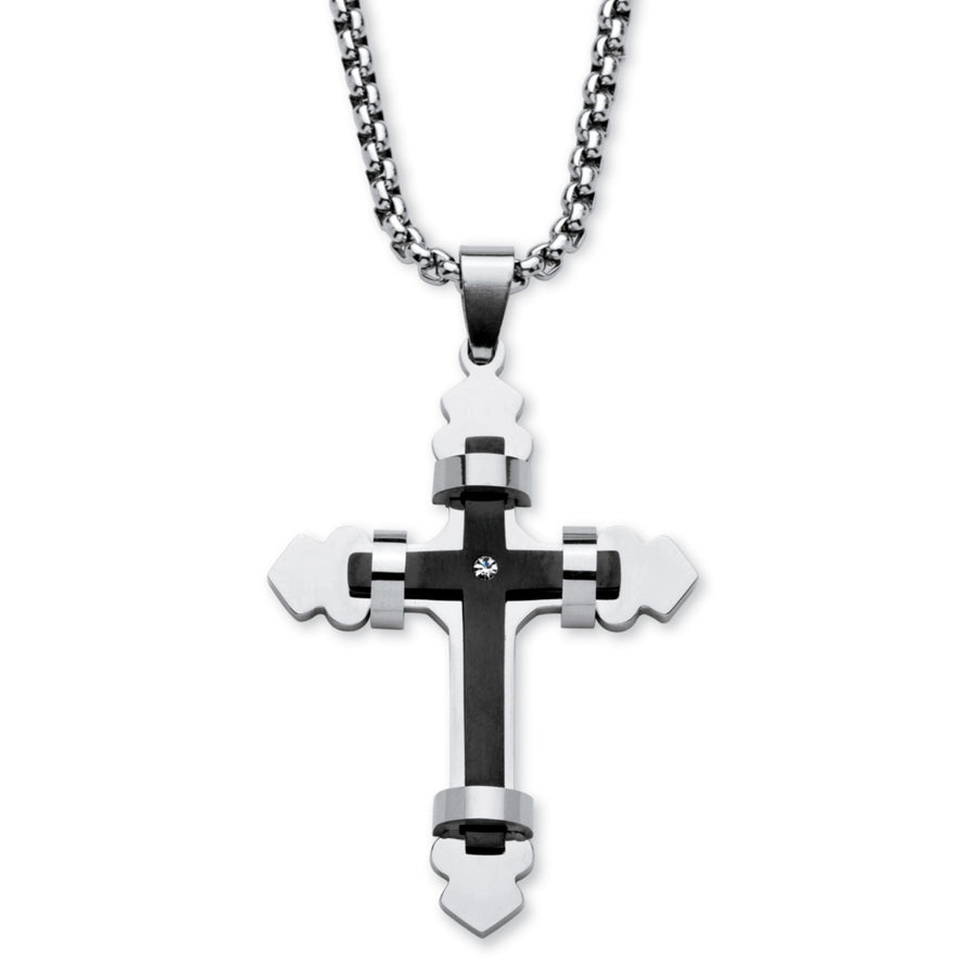 Crystal Accent Wrapped Double Cross Necklace Black Ion-Plated Stainless Steel Image 1