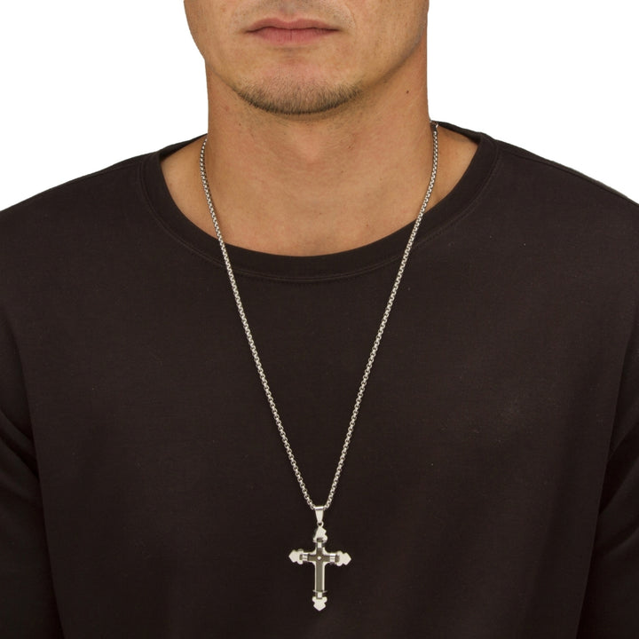 Crystal Accent Wrapped Double Cross Necklace Black Ion-Plated Stainless Steel Image 3