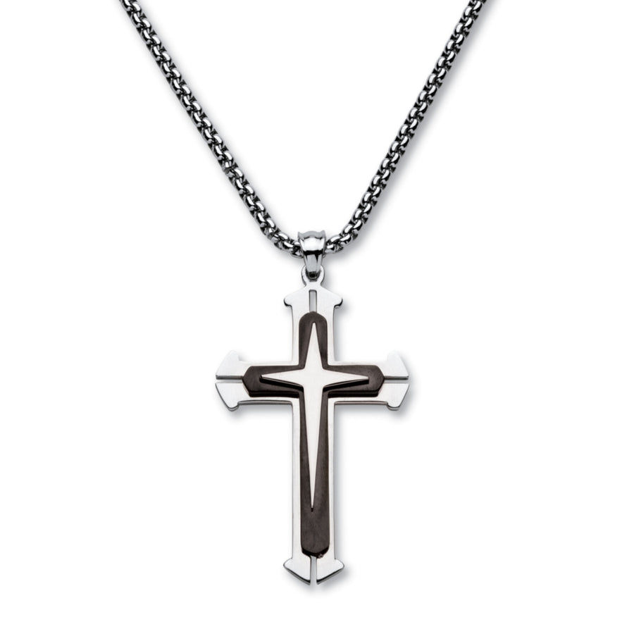 Mens Triple Layer Cross and Box Chain Pendant Necklace in Black Ion-Plated Stainless Steel 24" Image 1