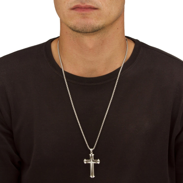 Mens Triple Layer Cross and Box Chain Pendant Necklace in Black Ion-Plated Stainless Steel 24" Image 3