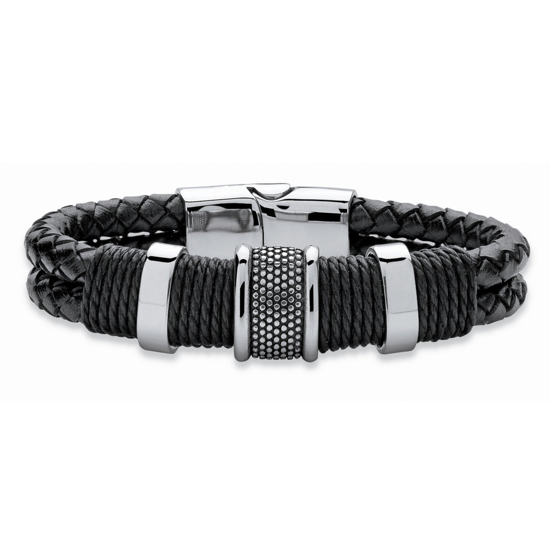 Mens Tribal Bracelet With Magnetic Clasp in Stainless Steel and Braided Black Leather 8" Image 1