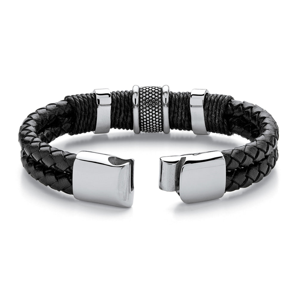 Mens Tribal Bracelet With Magnetic Clasp in Stainless Steel and Braided Black Leather 8" Image 2