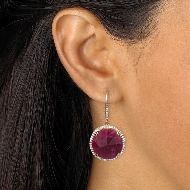 28.81 TCW Genuine Hand-Cut Round Ruby and Pave CZ Halo Earrings in 14k Gold over Sterling Silver Image 3