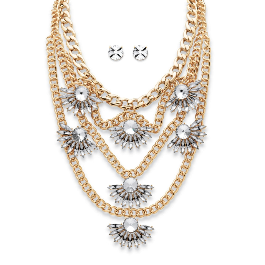 Round and Marquise-Cut Crystal Multi-Chain Fan Motif Necklace and Earrings Set in Gold Tone Image 1