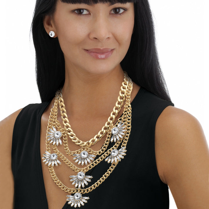 Round and Marquise-Cut Crystal Multi-Chain Fan Motif Necklace and Earrings Set in Gold Tone Image 3