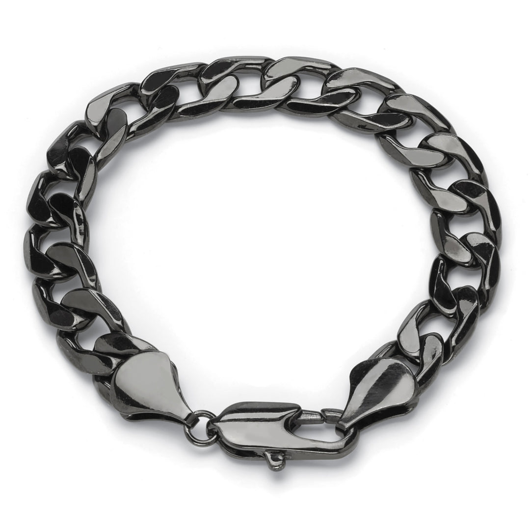 Mens 12 mm Curb-Link Chain Bracelet Black Ruthenium-Plated 10" Image 1