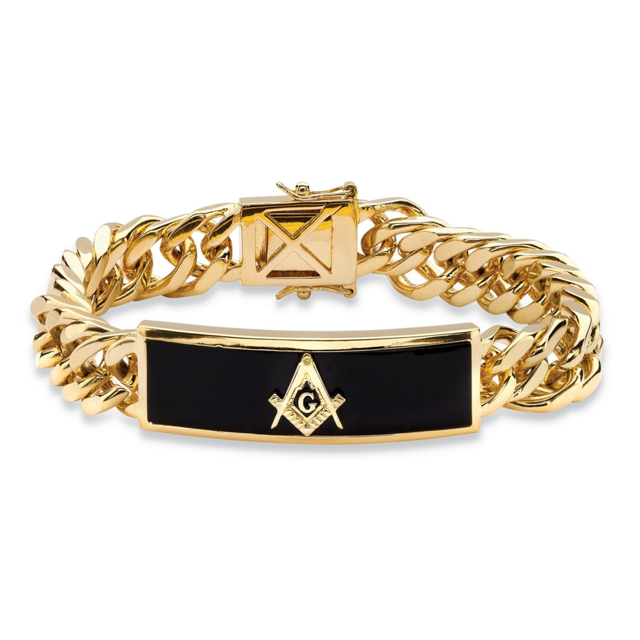 Mens Genuine Black Onyx Masonic Insignia Curb-Link Bracelet 14k Gold-Plated 8" Image 1