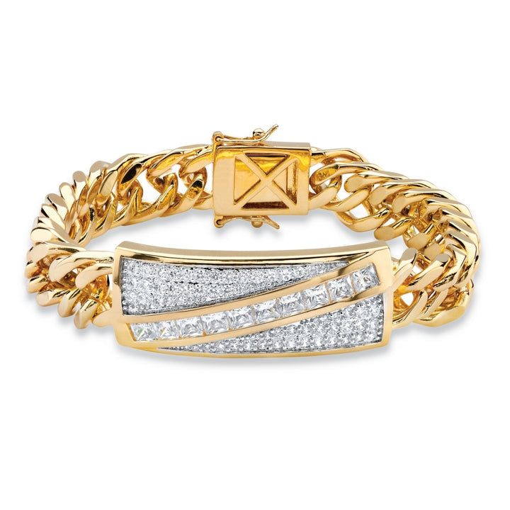 Mens 5.28 TCW Square-Cut and Pave Cubic Zirconia 14k Gold-Plated Diagonal Curb-Link Bracelet 8" Image 1