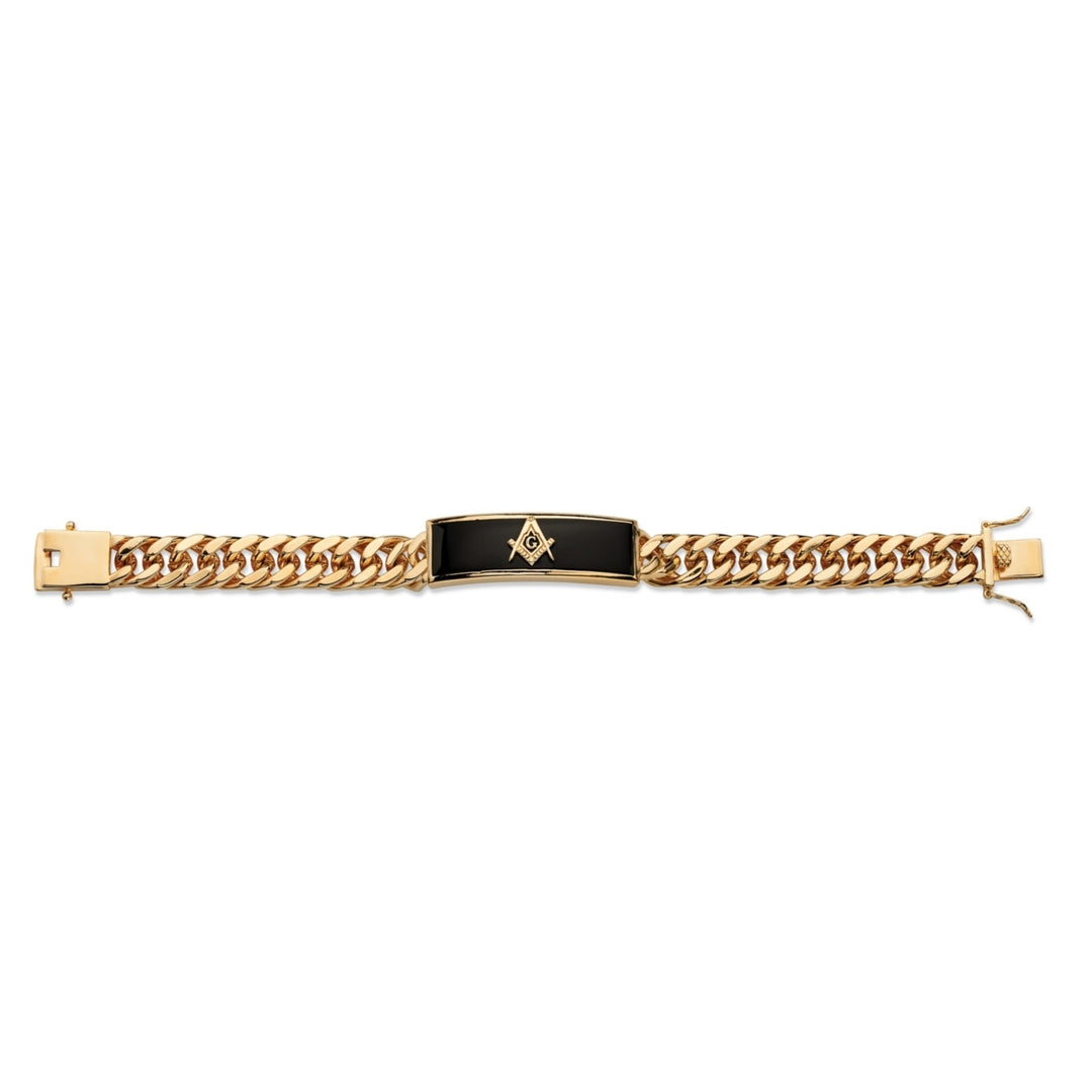 Mens Genuine Black Onyx Masonic Insignia Curb-Link Bracelet 14k Gold-Plated 8" Image 4
