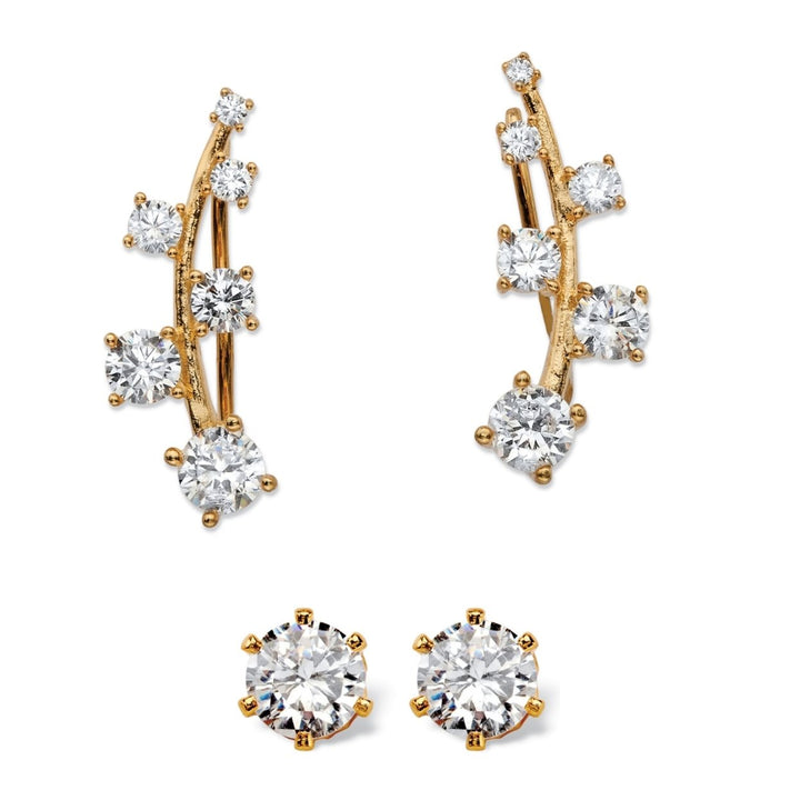 2.22 TCW Cubic Zirconia Ear Climber and Stud 2-Pair Earrings Set in 14k Gold over Sterling Silver Image 1