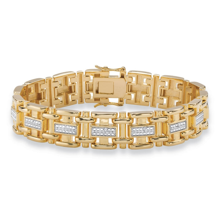 Mens Diamond Accent Pave-Style Two-Tone Bar-Link Bracelet 14k Yellow Gold-Plated 8.5" Image 1