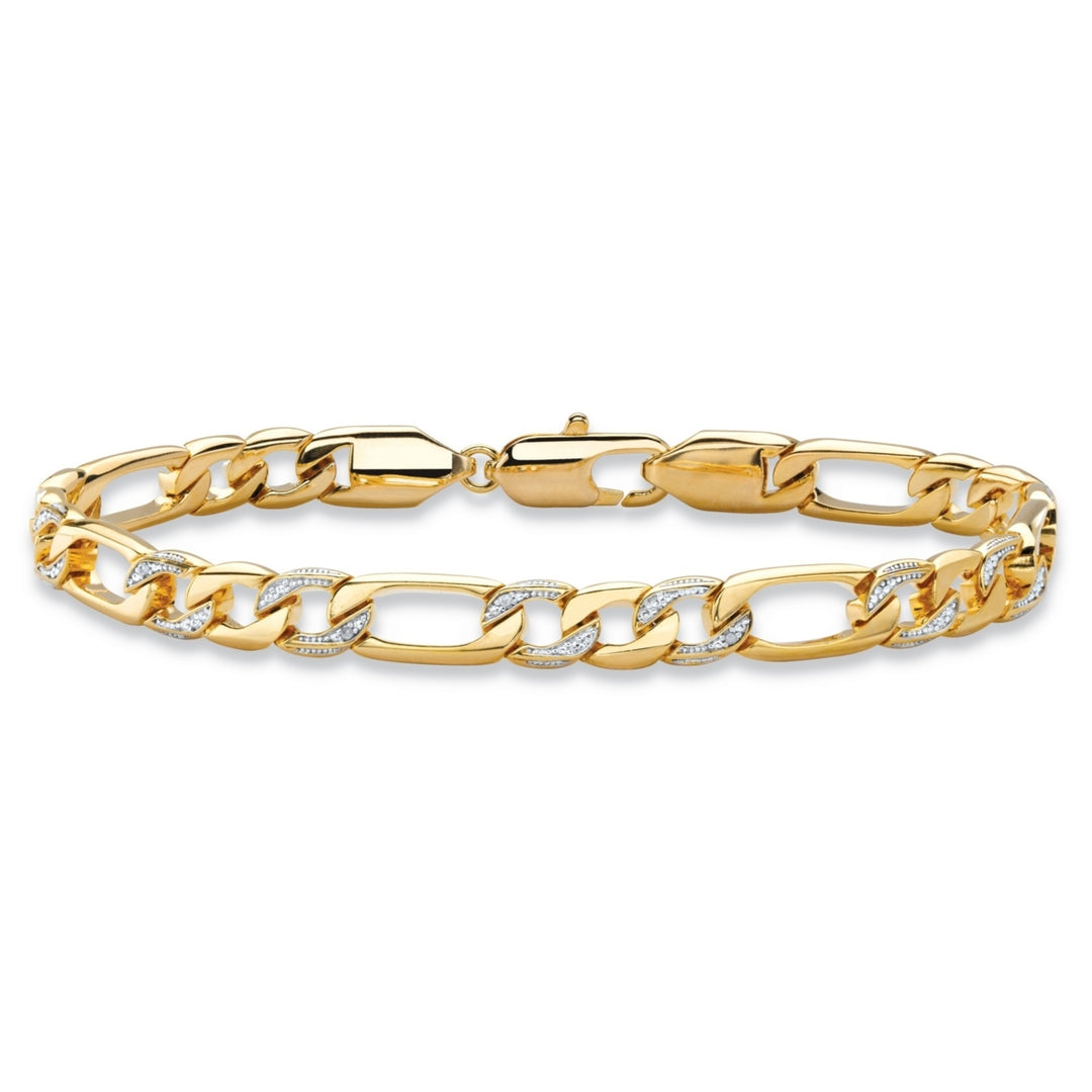 Mens Diamond Accent Pave-Style Two-Tone Figaro-Link Bracelet with Lobster Clasp 14k Yellow Gold-Plated 8.5" Image 1