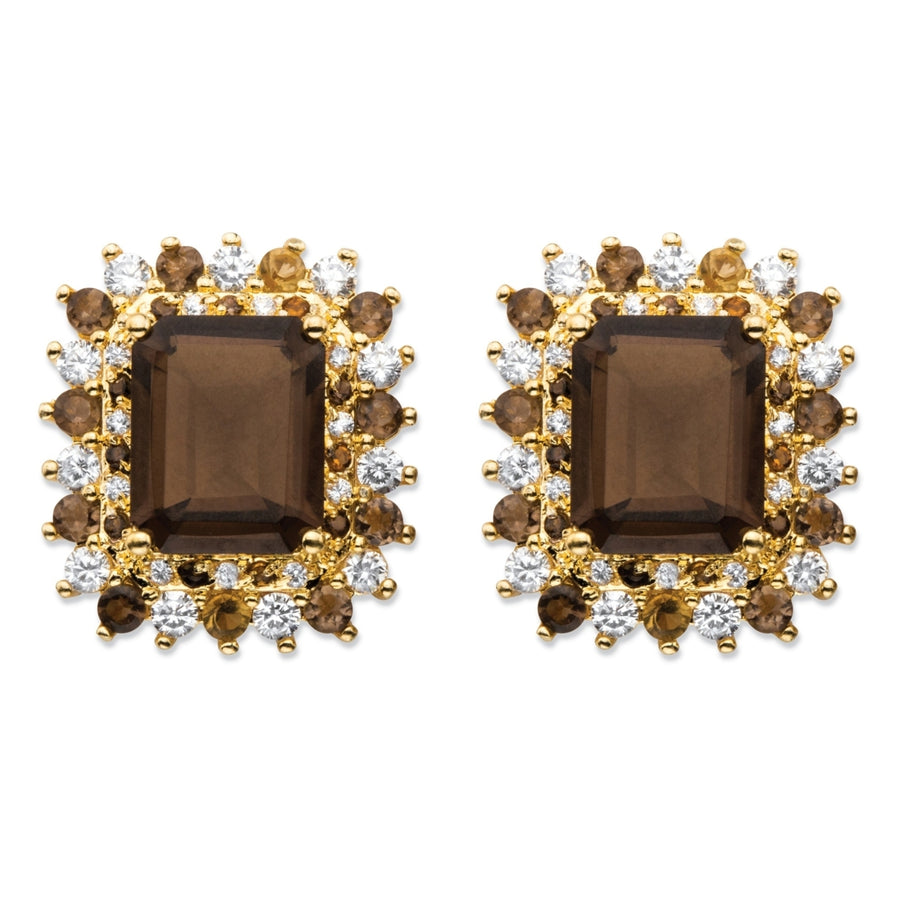 10.04 TCW Emerald-Cut Genuine Smoky Topaz and CZ Accent Halo Earrings 14k Gold-Plated Image 1