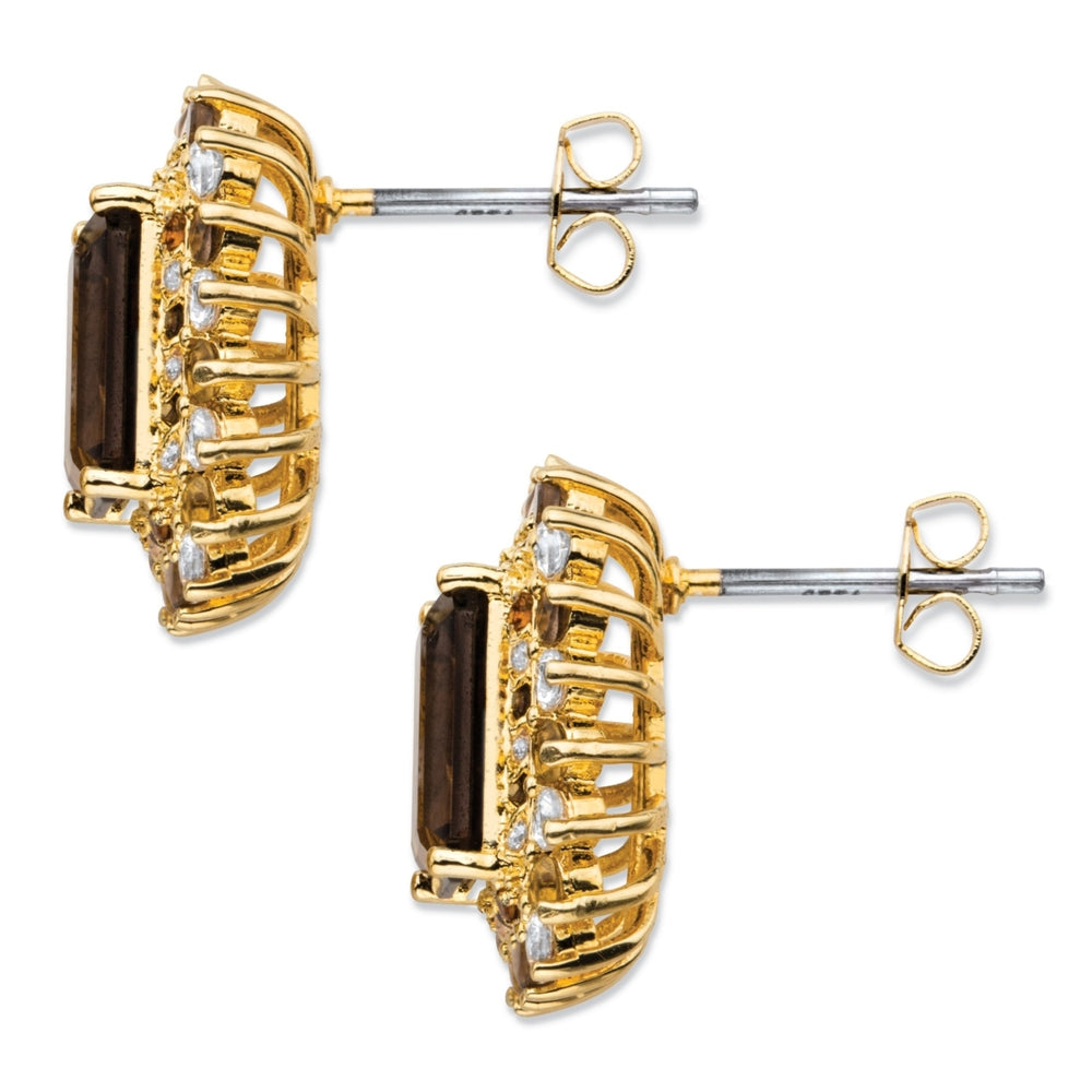 10.04 TCW Emerald-Cut Genuine Smoky Topaz and CZ Accent Halo Earrings 14k Gold-Plated Image 2