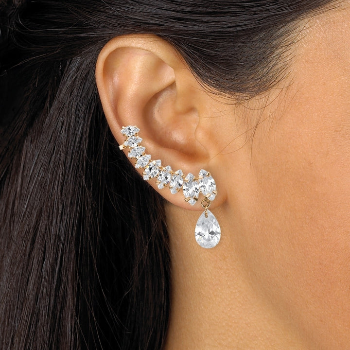 Marquise and Pear-Cut White Crystal Ear Climber Cuff and Round Stud 3-Piece Earrings Set in Gold Tone Image 3