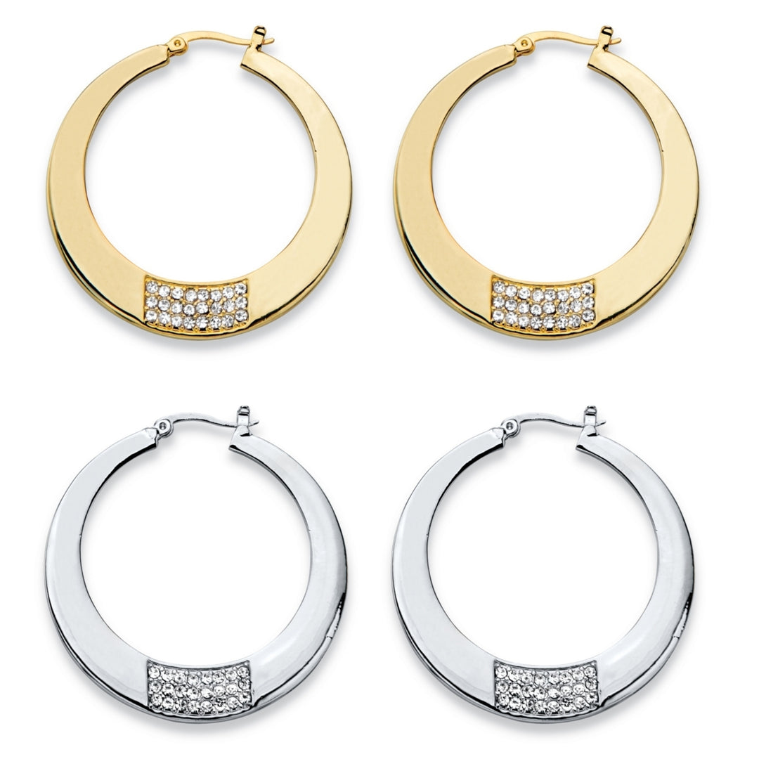 Round Crystal Square Cluster 2-Pair Hoop Earrings Set in Gold Tone and Silvertone 1.75" Image 1